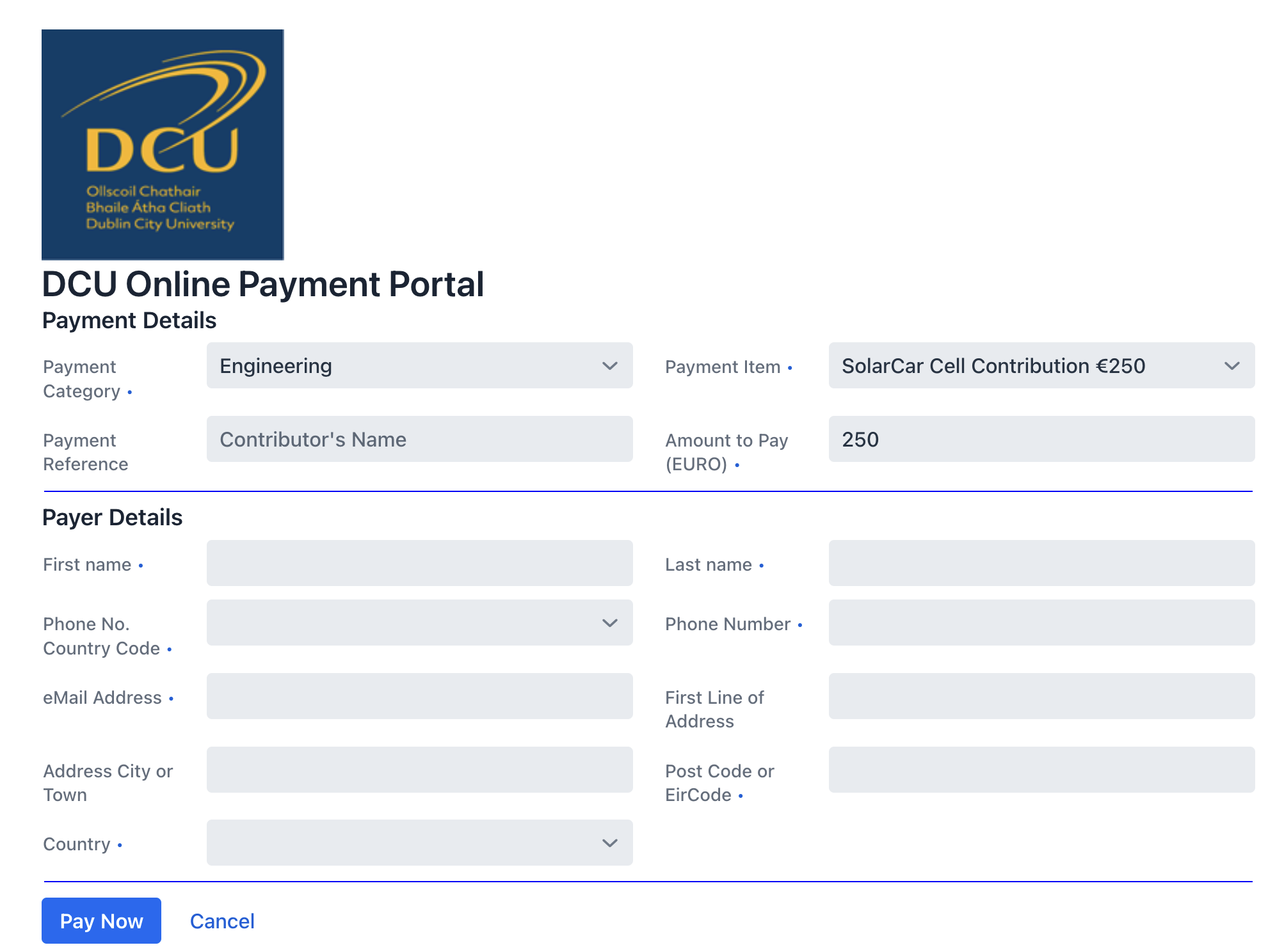 DCU payments portal screenshot
